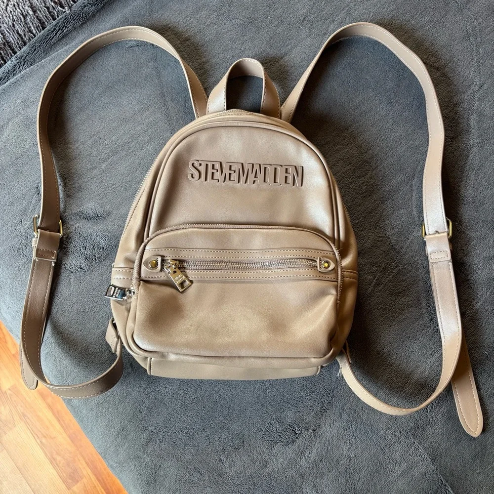 New Steve Madden Backpack Purse, Faux Leather, Silver Hardware, Taupe / Tan